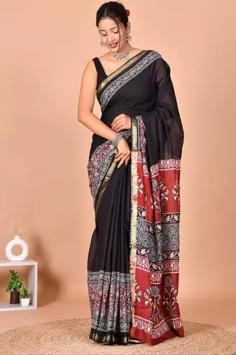 Multicolor bagru block print cotton zari sarees with running blouse