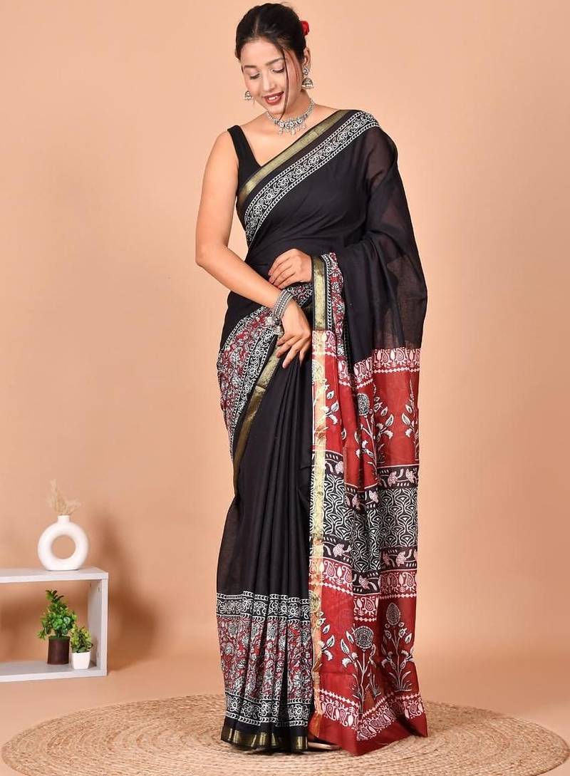 Multicolor bagru block print cotton zari sarees with running blouse