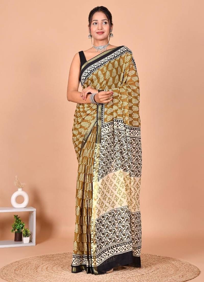 Multicolor bagru block print cotton zari sarees with running blouse