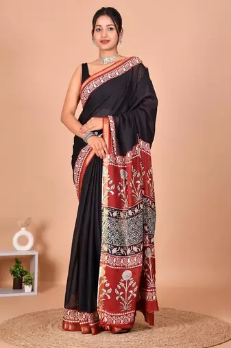 Multicolor bagru block print cotton zari sarees with running blouse