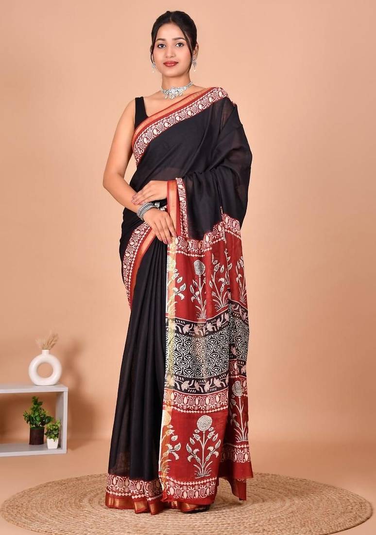 Multicolor bagru block print cotton zari sarees with running blouse