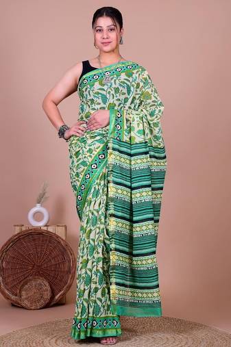 Multicolor bagru block print cotton zari sarees with running blouse