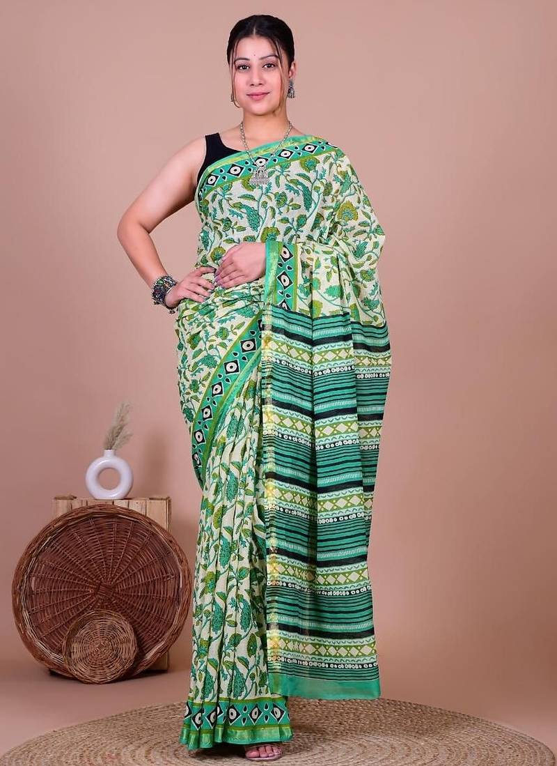 Multicolor bagru block print cotton zari sarees with running blouse