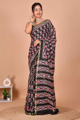 Multicolor bagru block print cotton zari sarees with running blouse