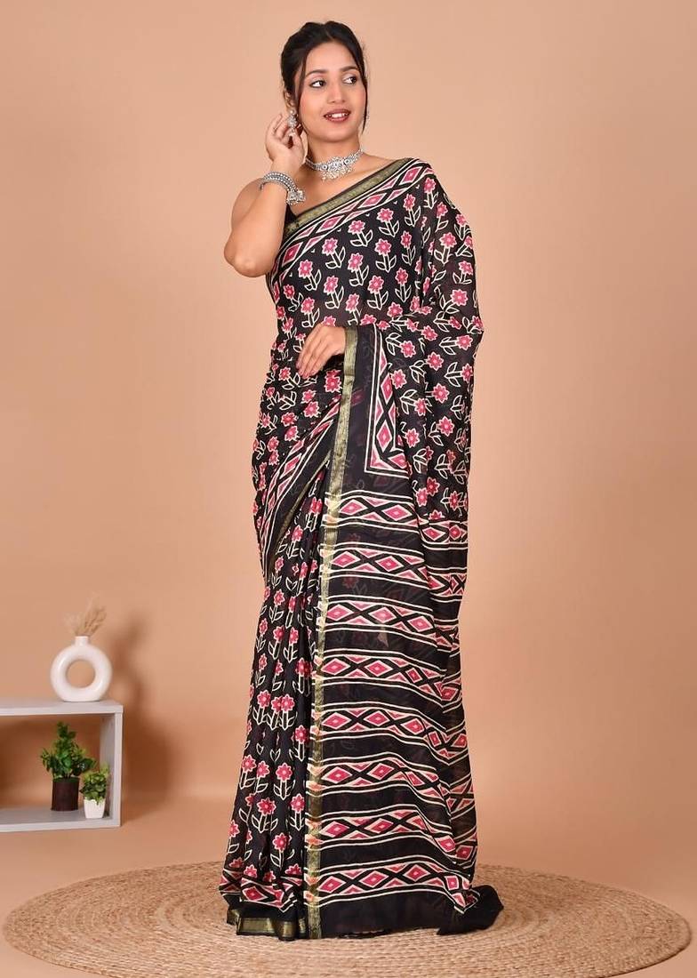 Multicolor bagru block print cotton zari sarees with running blouse