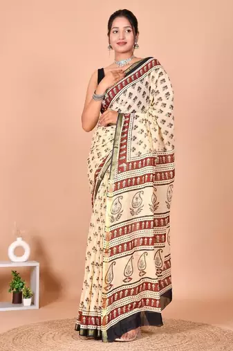 Multicolor bagru block print cotton zari sarees with running blouse