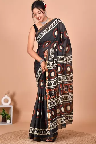 Multicolor bagru block print cotton zari sarees with running blouse