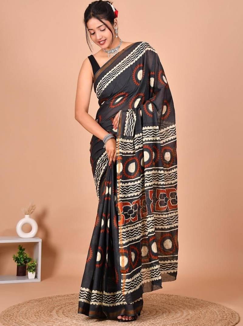 Multicolor bagru block print cotton zari sarees with running blouse