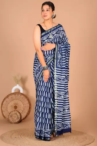 Multicolor bagru block print cotton zari sarees with running blouse