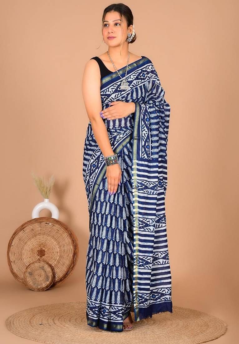 Multicolor bagru block print cotton zari sarees with running blouse