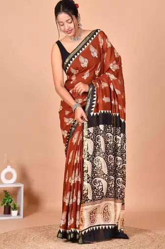 Multicolor bagru block print cotton zari sarees with running blouse