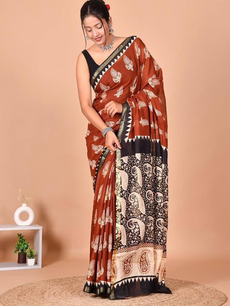 Multicolor bagru block print cotton zari sarees with running blouse