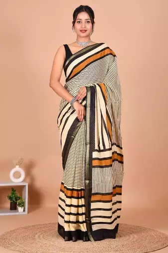 Multicolor bagru block print cotton zari sarees with running blouse