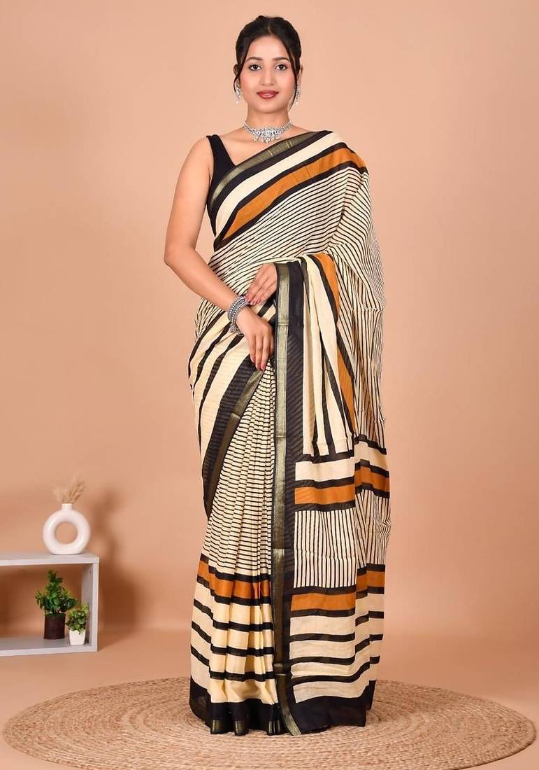Multicolor bagru block print cotton zari sarees with running blouse