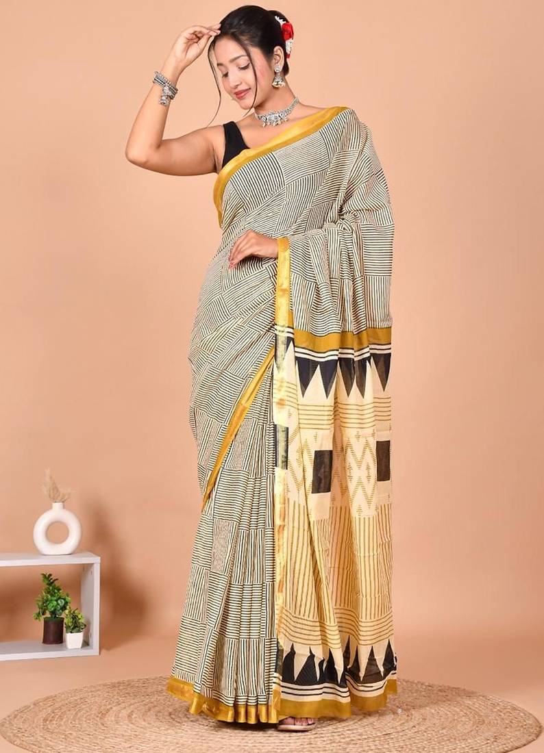 Beige block print cotton zari sarees with running blouse