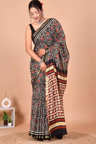 Multicolor block print cotton zari sarees with running blouse