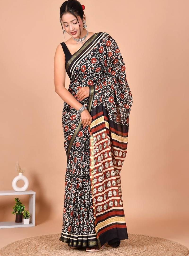 Multicolor block print cotton zari sarees with running blouse