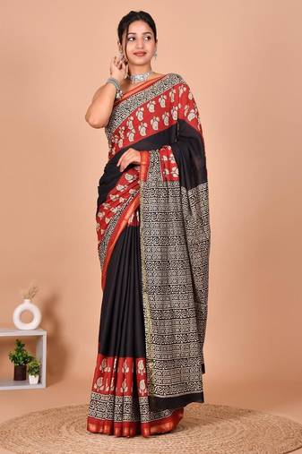 Multicolor block print cotton zari sarees with running blouse