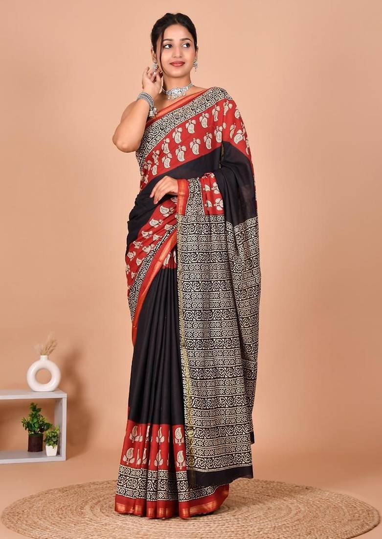 Multicolor block print cotton zari sarees with running blouse