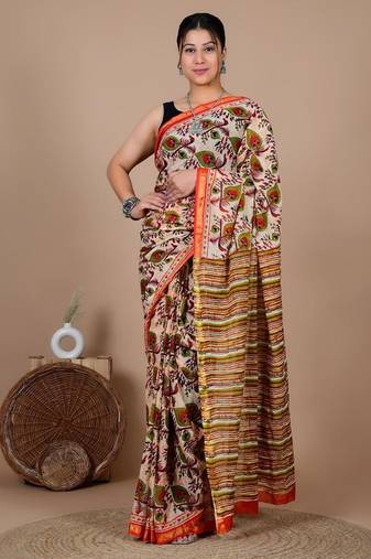 Multicolor block print cotton zari sarees with running blouse