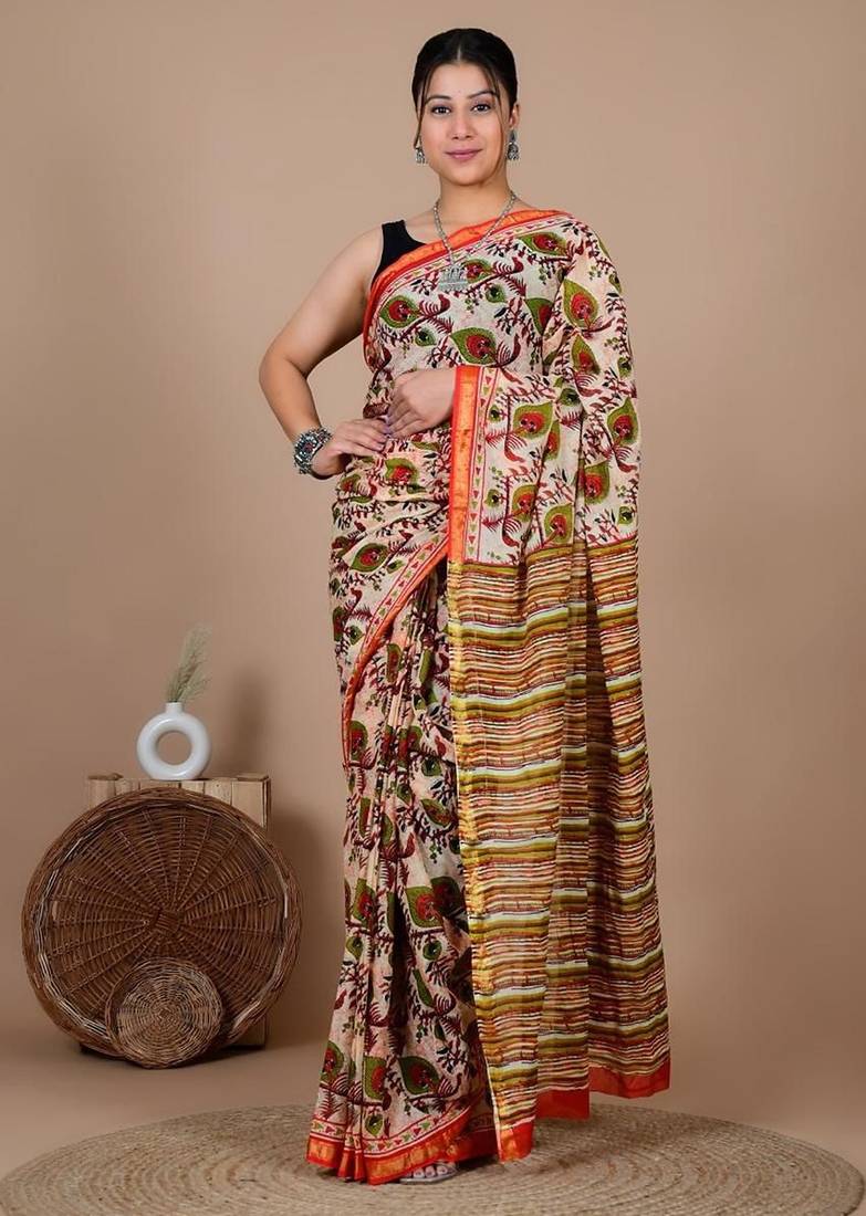 Multicolor block print cotton zari sarees with running blouse