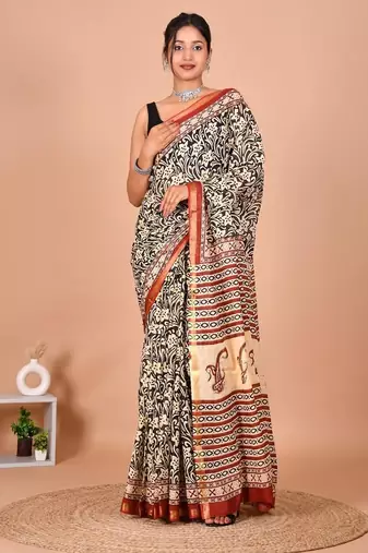 Multicolor block print cotton zari sarees with running blouse