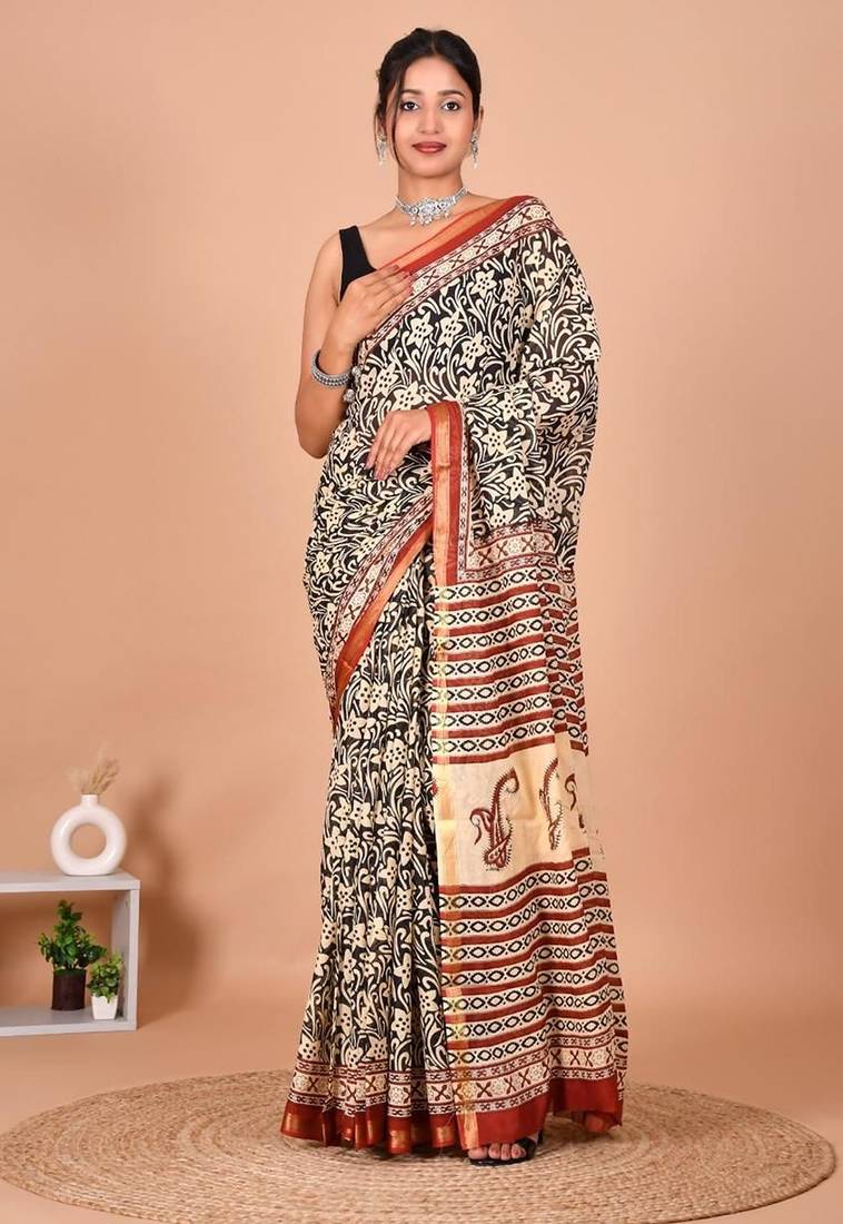 Multicolor block print cotton zari sarees with running blouse