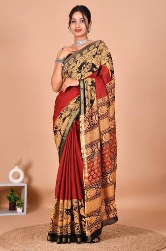 Red block print cotton zari sarees with running blouse