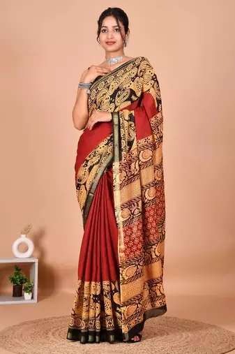 Red block print cotton zari sarees with running blouse