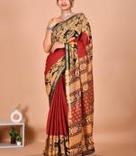 Red block print cotton zari sarees with running blouse