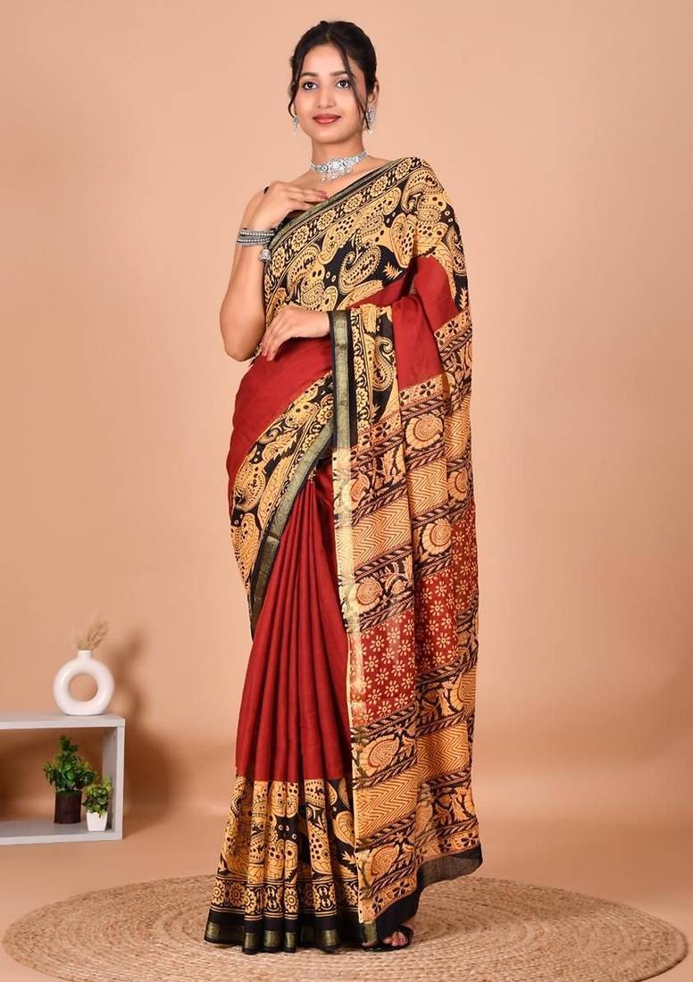 Red block print cotton zari sarees with running blouse