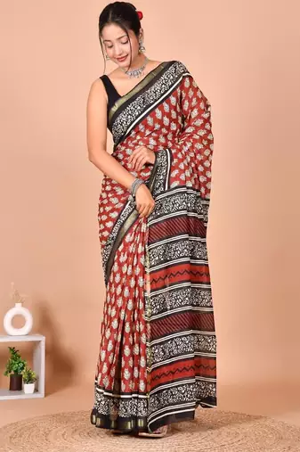 Multicolor block print cotton zari sarees with running blouse