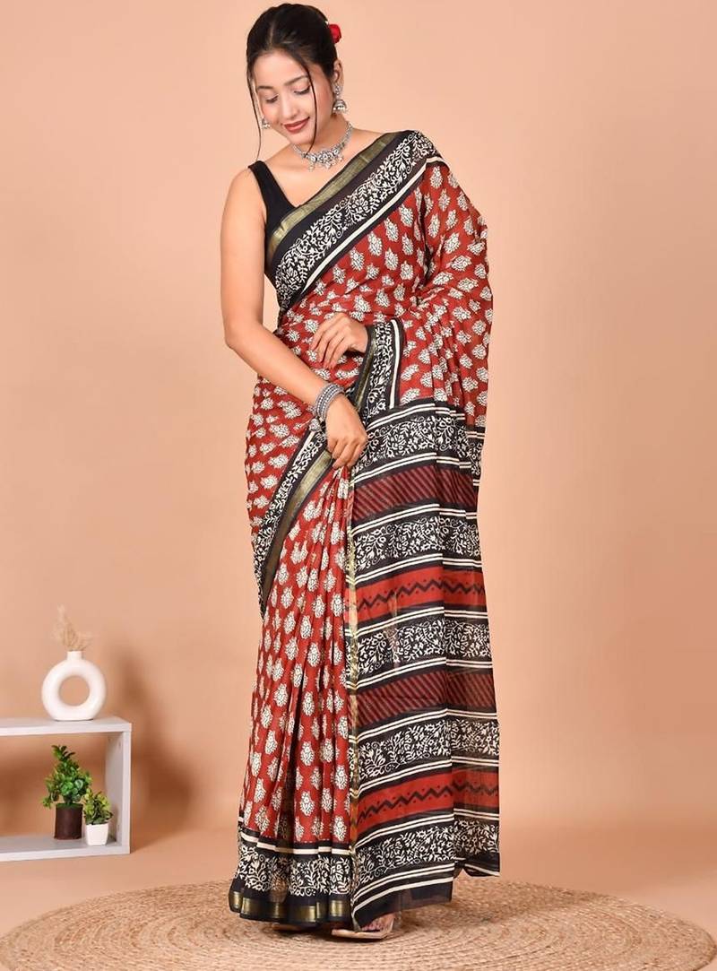 Multicolor block print cotton zari sarees with running blouse