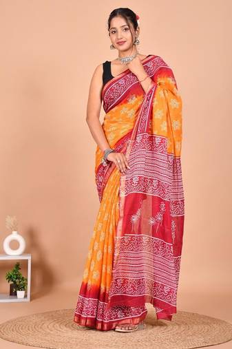 Yellow block print cotton zari sarees with running blouse