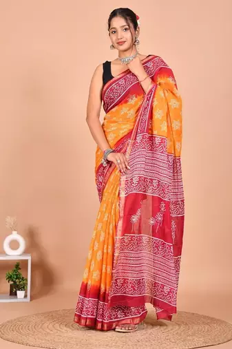 Yellow block print cotton zari sarees with running blouse
