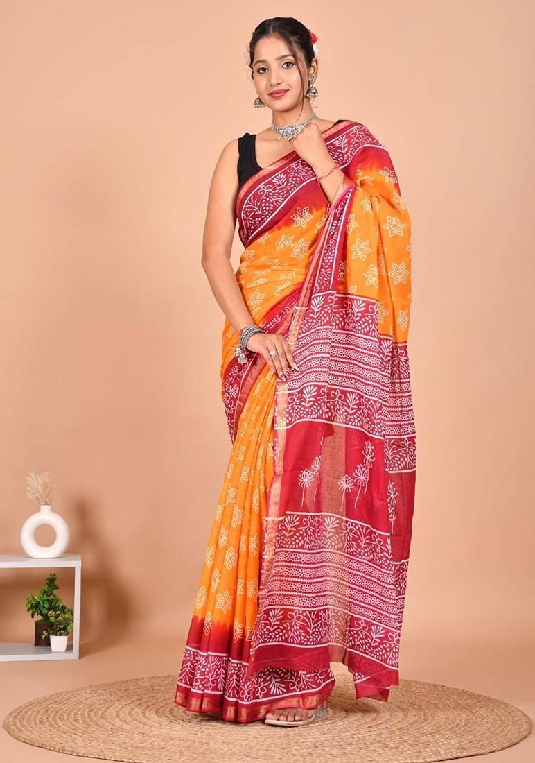 Yellow block print cotton zari sarees with running blouse
