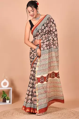 Multicolor block print cotton zari sarees with running blouse
