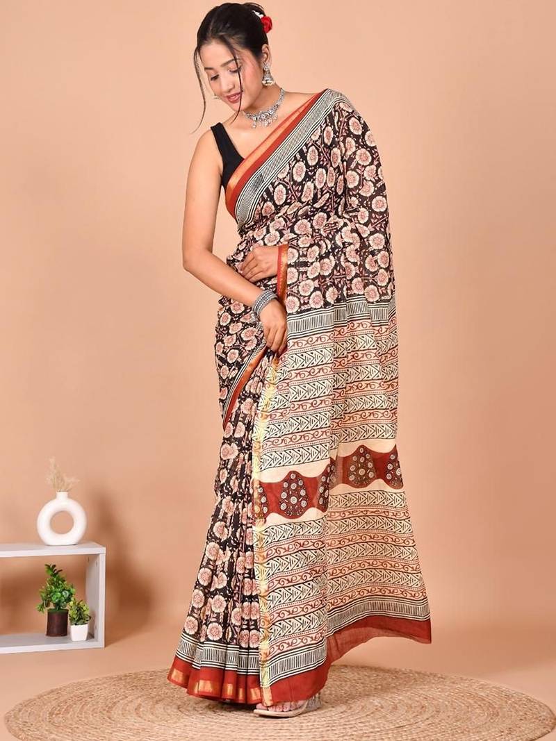 Multicolor block print cotton zari sarees with running blouse