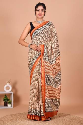 Orange block print cotton zari sarees with running blouse