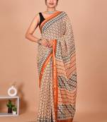 Orange block print cotton zari sarees with running blouse
