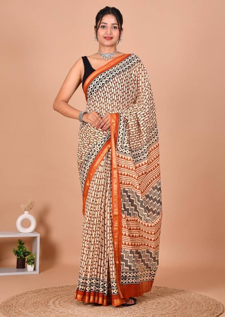 Orange block print cotton zari sarees with running blouse