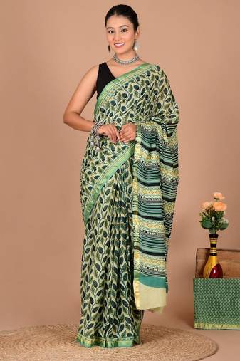 Green block print cotton zari sarees with running blouse