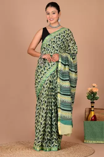 Green block print cotton zari sarees with running blouse