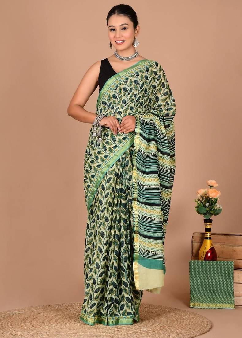 Green block print cotton zari sarees with running blouse