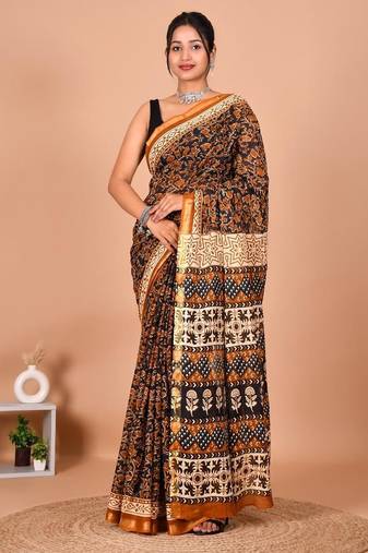 Brown block print cotton zari sarees with running blouse