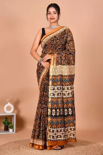 Brown block print cotton zari sarees with running blouse