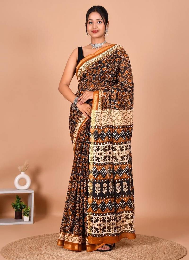 Brown block print cotton zari sarees with running blouse