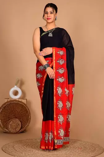 Black block print cotton zari sarees with running blouse