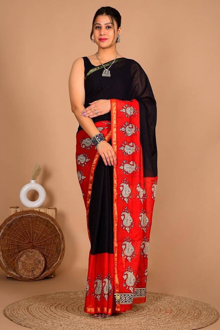 Black block print cotton zari sarees with running blouse