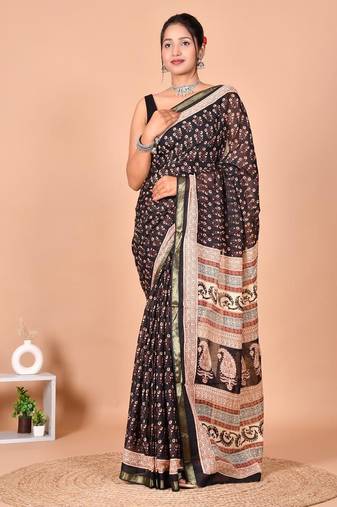 Black block print cotton zari sarees with running blouse